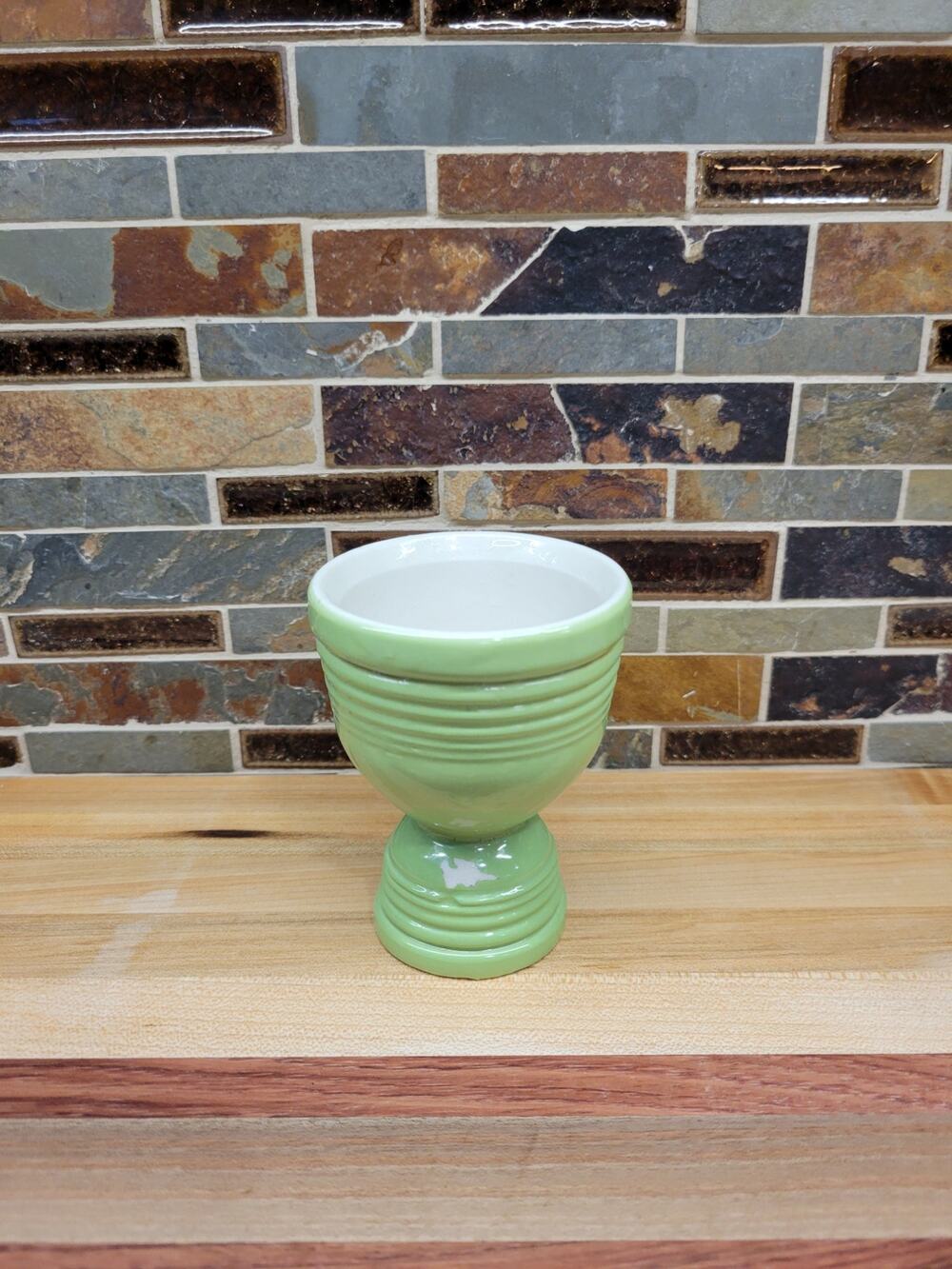 Vintage Hankscraft Green Double Egg Cup Ceramic Ribbed Art Deco Fiesta Go Along